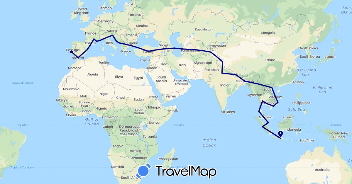 TravelMap itinerary: driving in Azerbaijan, Bangladesh, Spain, France, Gibraltar, Croatia, Indonesia, India, Cambodia, Monaco, Nepal, Portugal, Singapore, Slovenia, Thailand, Tajikistan, Turkmenistan, Turkey, Vietnam (Asia, Europe)